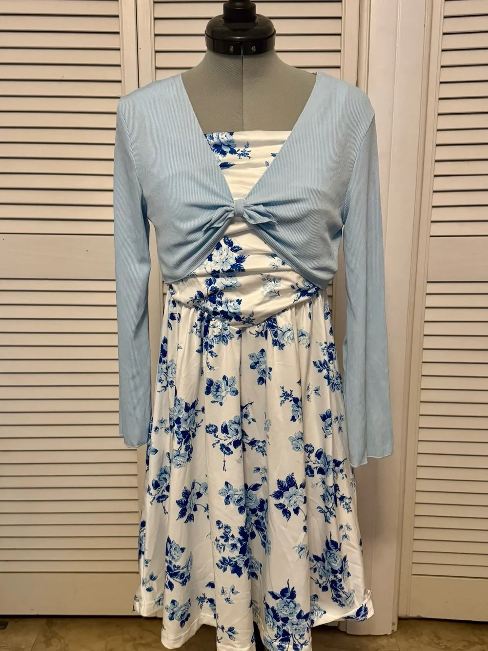 White & Blue Floral Midi Dress with Light Blue Tie Front Cardigan